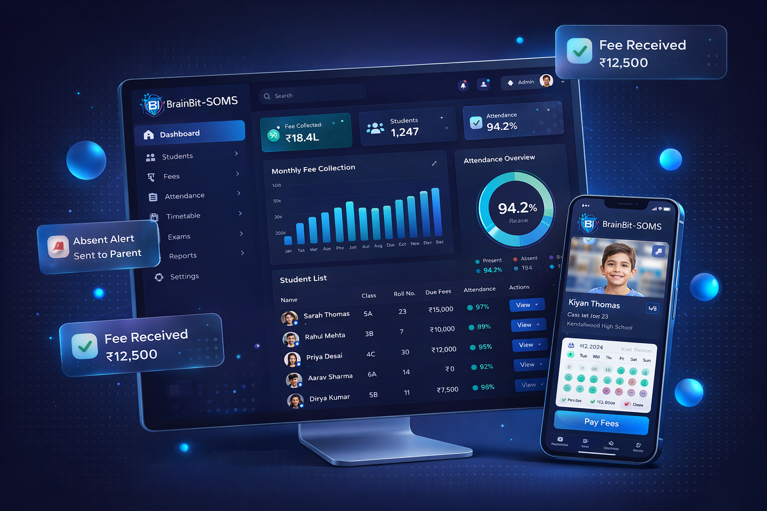 BrainBit-SOMS fee management dashboard showing fee collection, payment tracking, and financial reports
